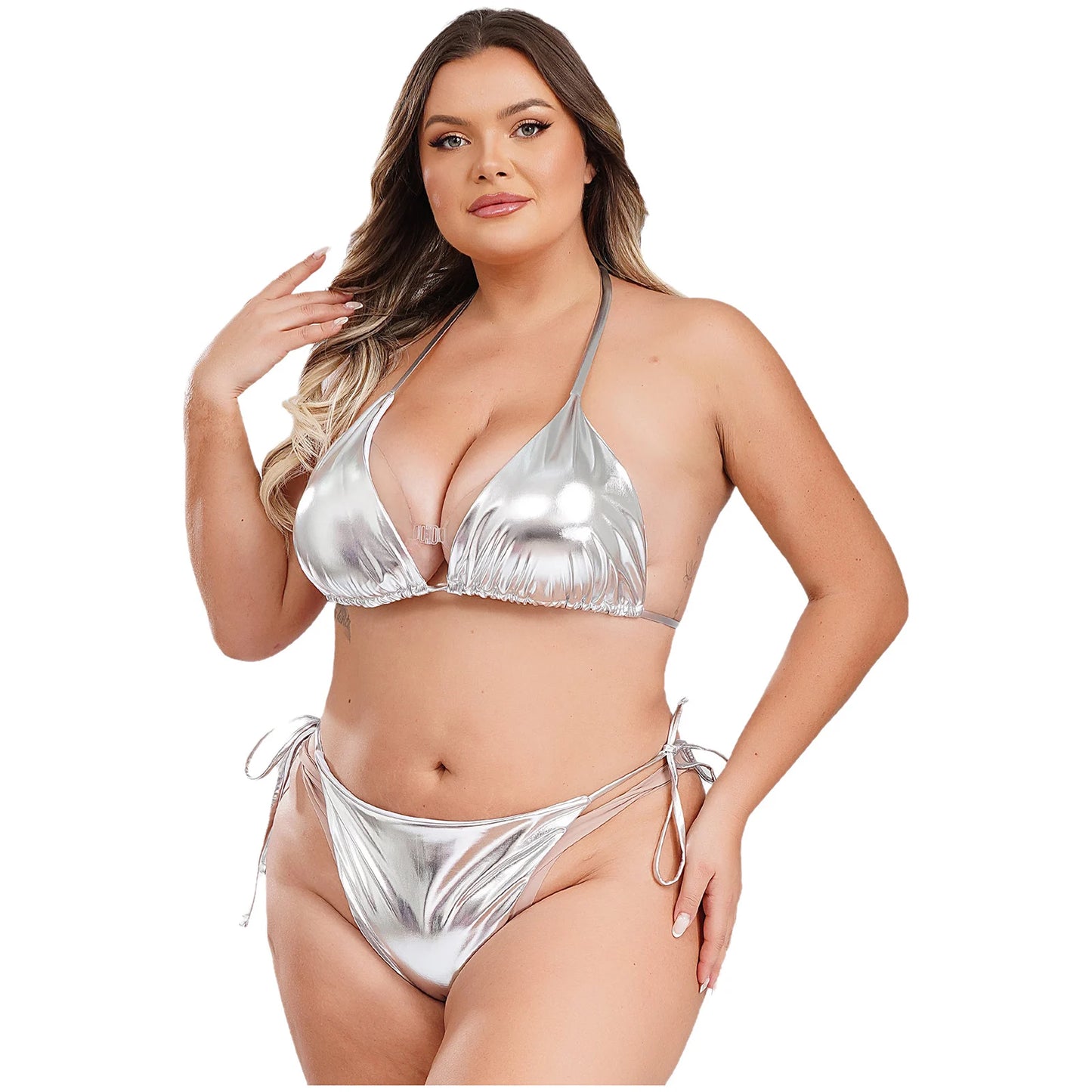 Moteriškas Blizgantis Bikini Dideliems Dydžiams - Metalinė Maudymosi Apranga S-4XL
