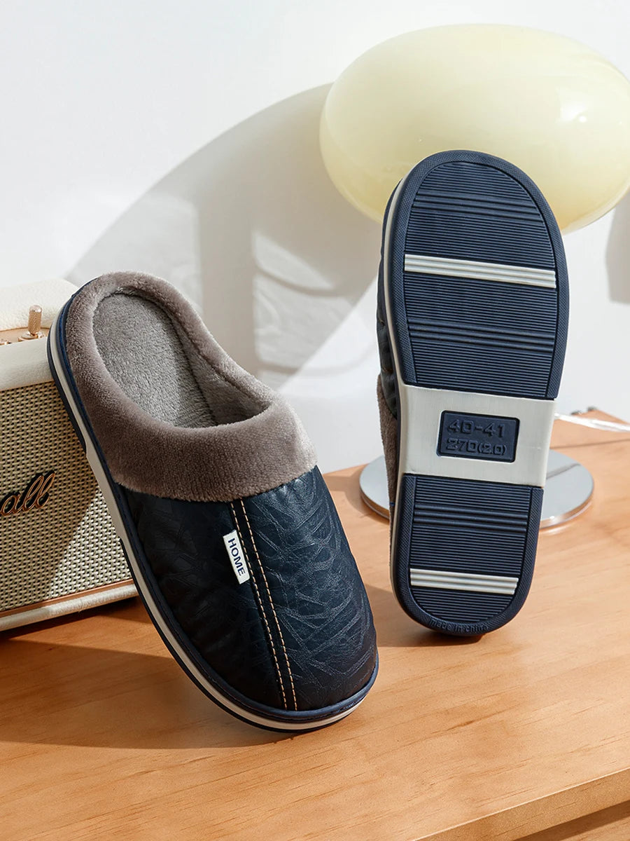 Vyriškos Namų Šlepetės Žiemai - PU Oda - Šiltos su Kailiuku