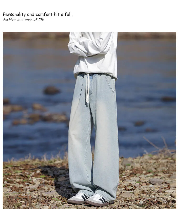 Vyriški Klasikiniai Džinsai - Laisvi Platūs Ilgi su Elastingu Liemeniu