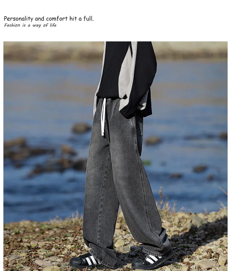 Vyriški Klasikiniai Džinsai - Laisvi Platūs Ilgi su Elastingu Liemeniu