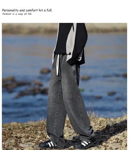 Vyriški Klasikiniai Džinsai - Laisvi Platūs Ilgi su Elastingu Liemeniu