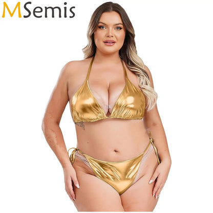 Moteriškas Blizgantis Bikini Dideliems Dydžiams - Metalinė Maudymosi Apranga S-4XL