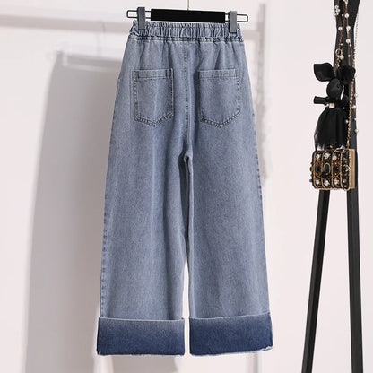 Moteriški Džinsai 2025 Ruduo - Mėlyni Plačių Kojų Aukštu Liemeniu Denim Kelnės