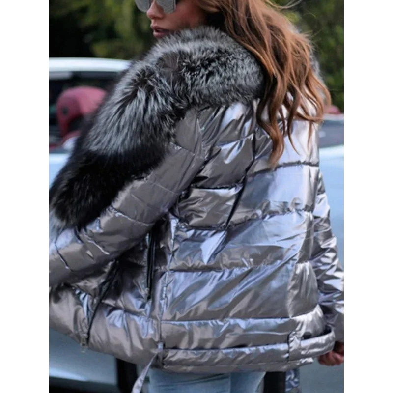 Moteriška Žieminė Striukė Blizgančiu Paviršiumi - Trumpa Punk Stiliaus