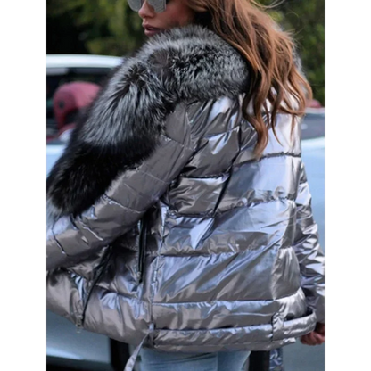 Moteriška Žieminė Striukė Blizgančiu Paviršiumi - Trumpa Punk Stiliaus