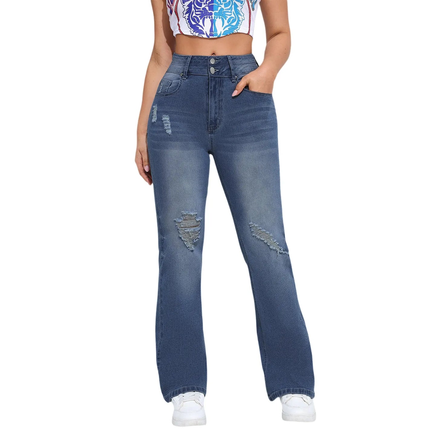 Moterų Džinsai su Klešomis - Bell Bottom Tiesios Kojos  Darbo Kelnės