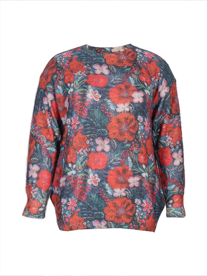 Spausdintų raštų megztinis su crew neck kaklu moterims, laisvas kasualus rudens žiemos viršus