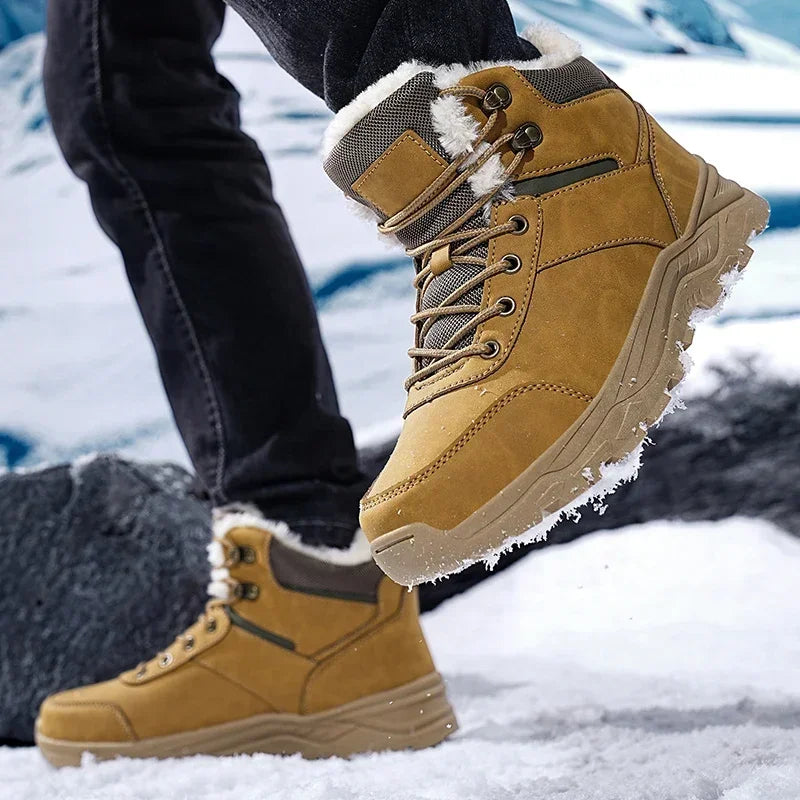Winter Mens Boots Leather Mens Snow Boots Plush Warm Work Boots Outdoor Hiking Climbing Shoes Waterproof Non-slip Ankle Boots
