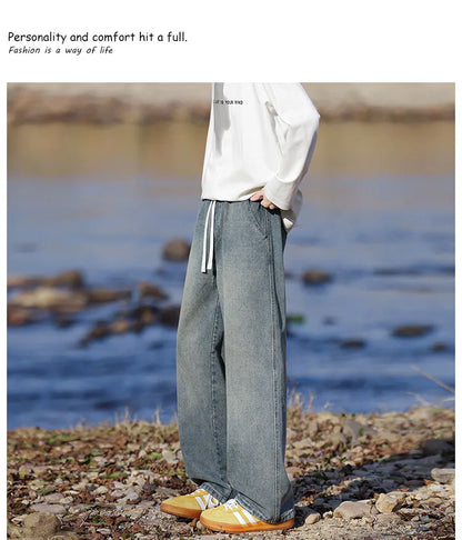 Vyriški Klasikiniai Džinsai - Laisvi Platūs Ilgi su Elastingu Liemeniu