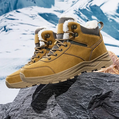 Winter Mens Boots Leather Mens Snow Boots Plush Warm Work Boots Outdoor Hiking Climbing Shoes Waterproof Non-slip Ankle Boots