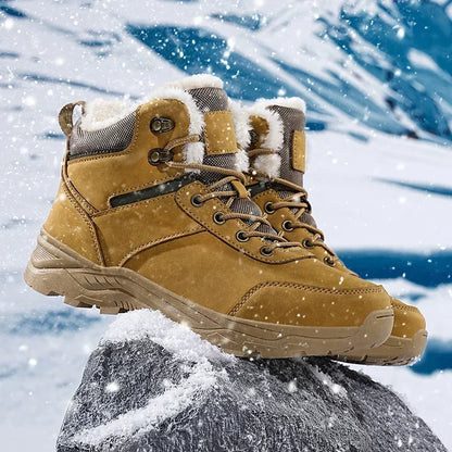 Winter Mens Boots Leather Mens Snow Boots Plush Warm Work Boots Outdoor Hiking Climbing Shoes Waterproof Non-slip Ankle Boots