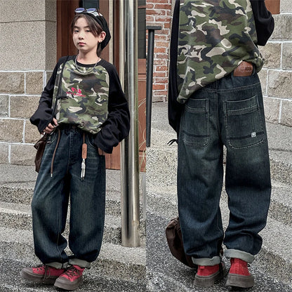 Vaikų Baggy Džinsai Paaugliams - Distressed Retro Stiliaus Denim Kelnės