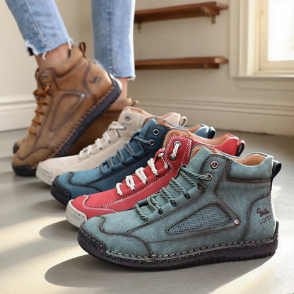 Moterų Odiniai Batai - Stilingi Kulkšnies Aulinukai Rankomis Siūti su Plokščiu Padu