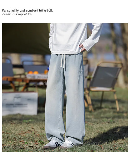 Vyriški Klasikiniai Džinsai - Laisvi Platūs Ilgi su Elastingu Liemeniu