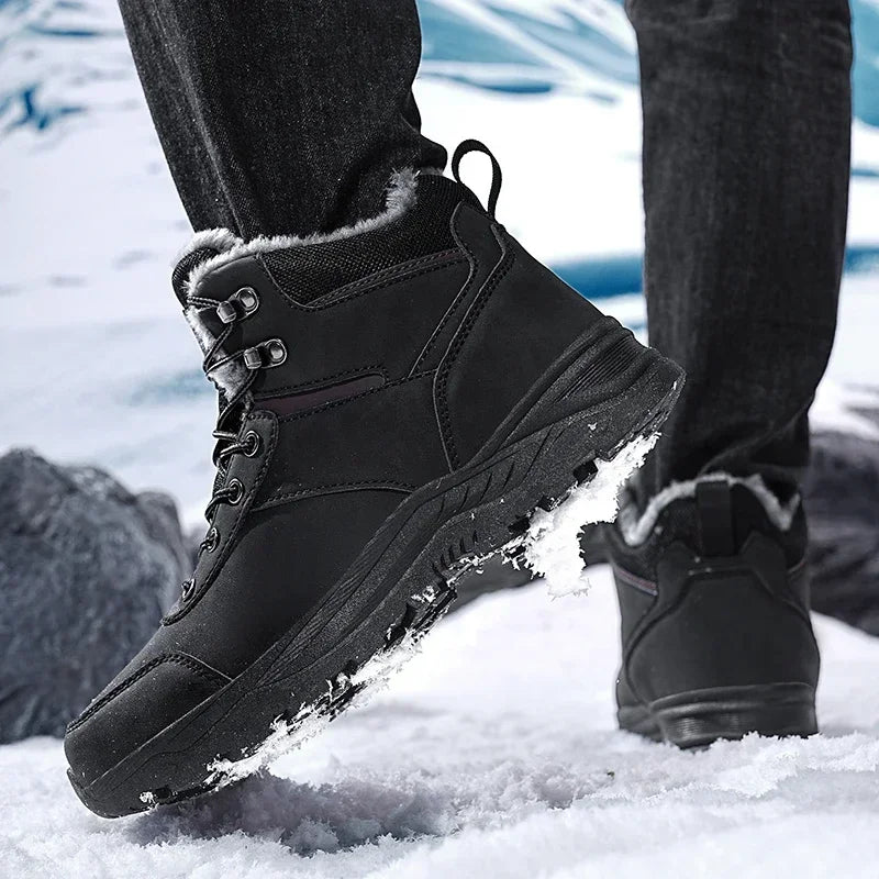 Winter Mens Boots Leather Mens Snow Boots Plush Warm Work Boots Outdoor Hiking Climbing Shoes Waterproof Non-slip Ankle Boots