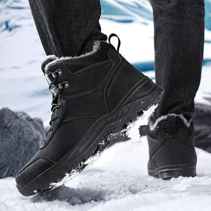 Winter Mens Boots Leather Mens Snow Boots Plush Warm Work Boots Outdoor Hiking Climbing Shoes Waterproof Non-slip Ankle Boots