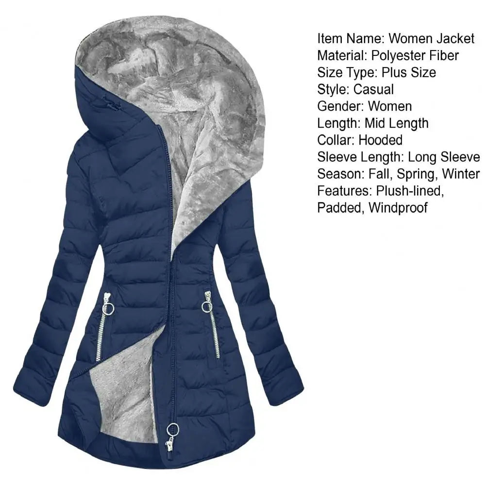 Pliušinis Žieminis Paltas Moterims su Gobtuvu - Šiltas Vėjui Atsparus Striukė Didelių Dydžių
