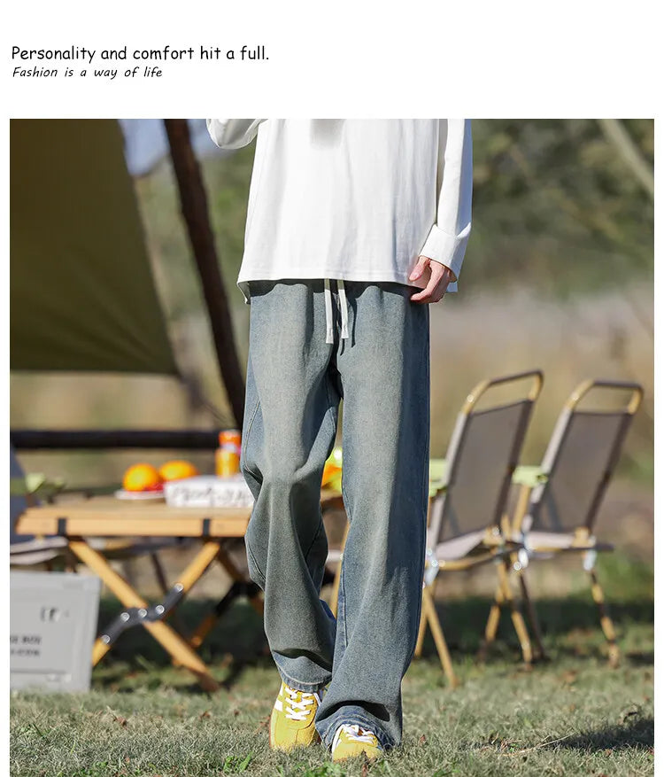 Vyriški Klasikiniai Džinsai - Laisvi Platūs Ilgi su Elastingu Liemeniu