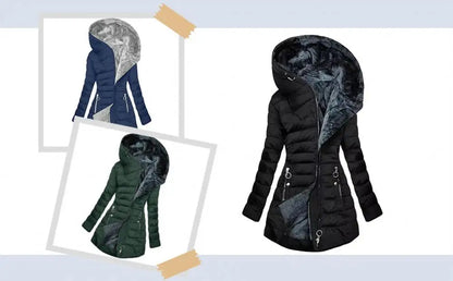 Pliušinis Žieminis Paltas Moterims su Gobtuvu - Šiltas Vėjui Atsparus Striukė Didelių Dydžių