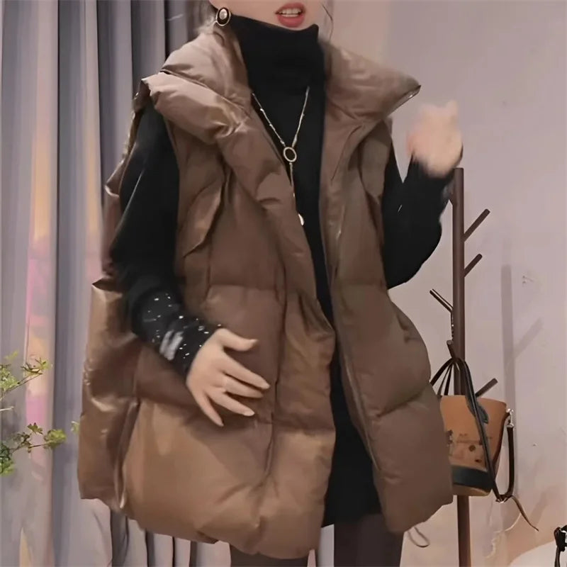 Moteriška Pūkinė Liemenė - Korėjiško Stiliaus Striukė be Rankovių Žiemai