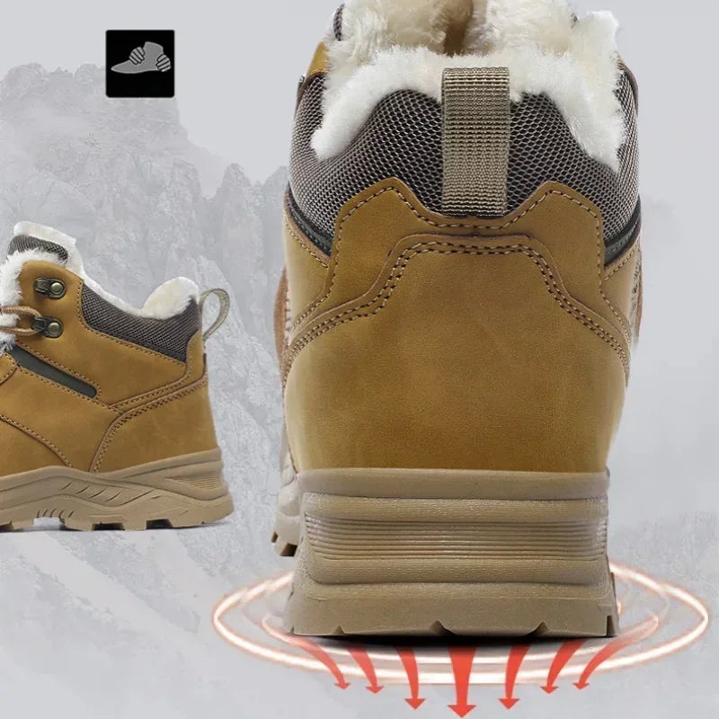 Winter Mens Boots Leather Mens Snow Boots Plush Warm Work Boots Outdoor Hiking Climbing Shoes Waterproof Non-slip Ankle Boots