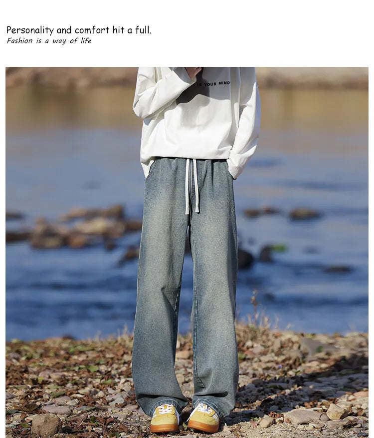 Vyriški Klasikiniai Džinsai - Laisvi Platūs Ilgi su Elastingu Liemeniu