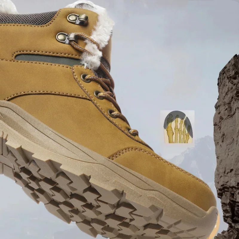 Winter Mens Boots Leather Mens Snow Boots Plush Warm Work Boots Outdoor Hiking Climbing Shoes Waterproof Non-slip Ankle Boots