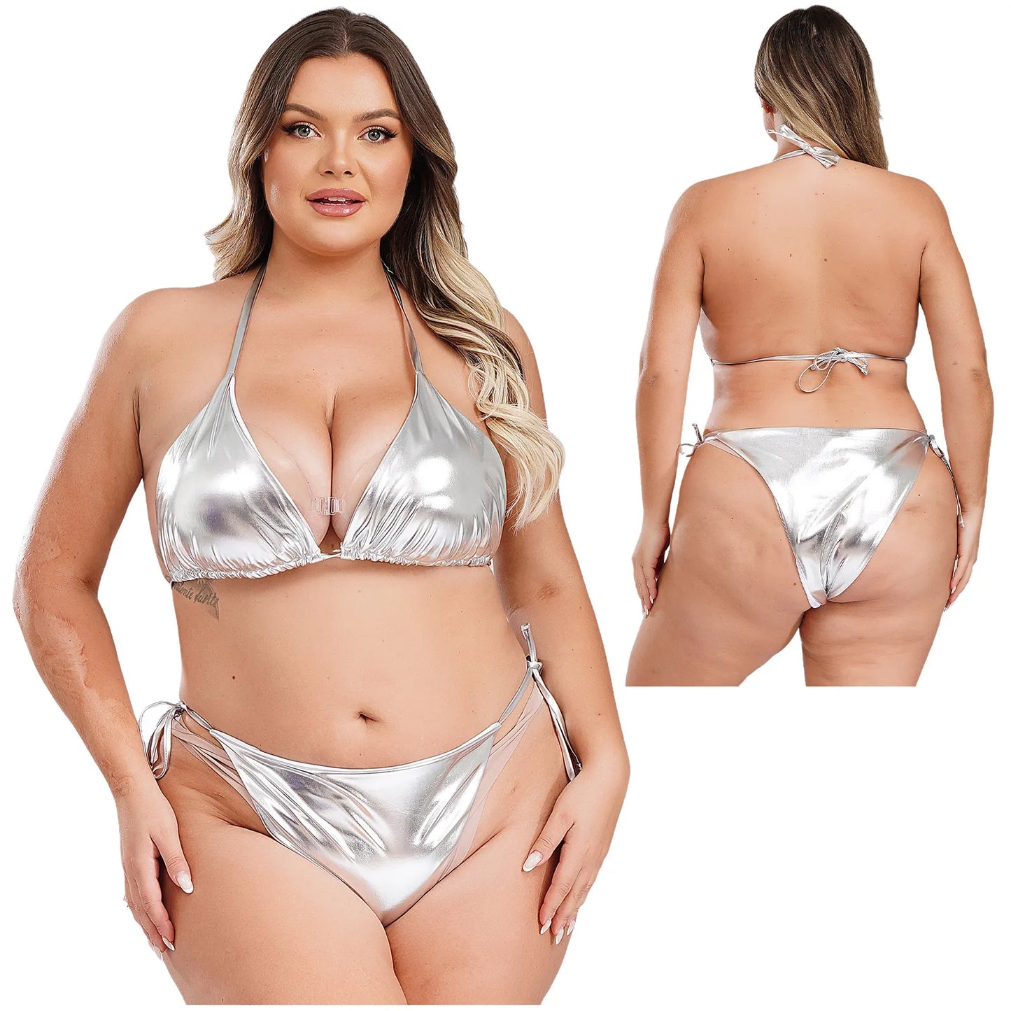 Moteriškas Blizgantis Bikini Dideliems Dydžiams - Metalinė Maudymosi Apranga S-4XL