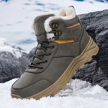 Winter Mens Boots Leather Mens Snow Boots Plush Warm Work Boots Outdoor Hiking Climbing Shoes Waterproof Non-slip Ankle Boots