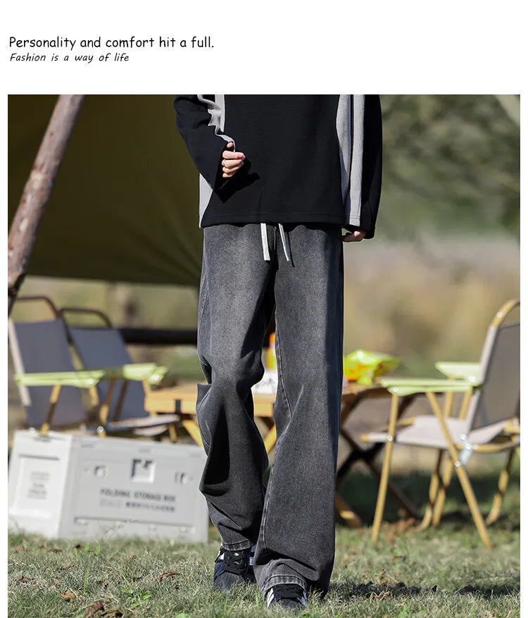 Vyriški Klasikiniai Džinsai - Laisvi Platūs Ilgi su Elastingu Liemeniu