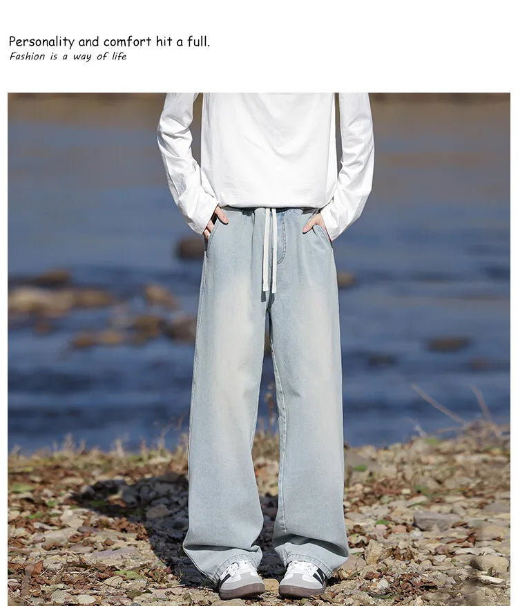 Vyriški Klasikiniai Džinsai - Laisvi Platūs Ilgi su Elastingu Liemeniu