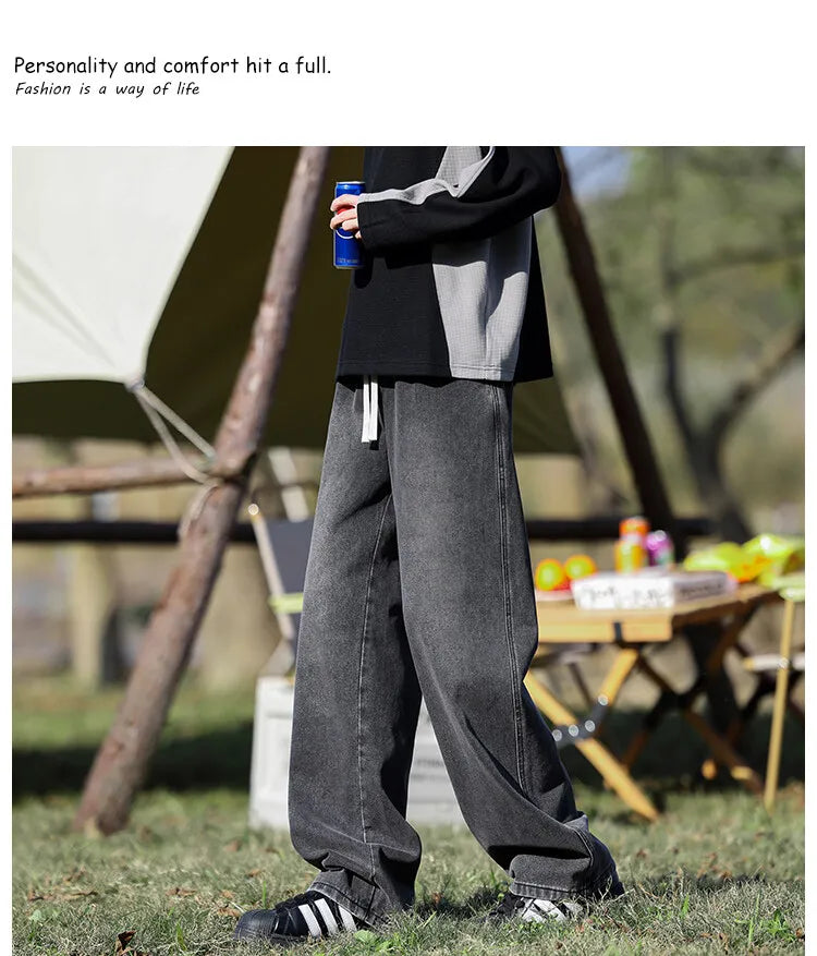 Vyriški Klasikiniai Džinsai - Laisvi Platūs Ilgi su Elastingu Liemeniu