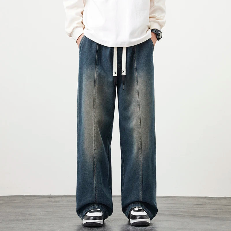 Vyriški Laisvi Baggy Džinsai - Streetwear Stiliaus Plačios Kelnės su Elastingu Liemeniu