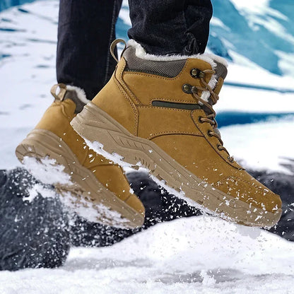 Winter Mens Boots Leather Mens Snow Boots Plush Warm Work Boots Outdoor Hiking Climbing Shoes Waterproof Non-slip Ankle Boots