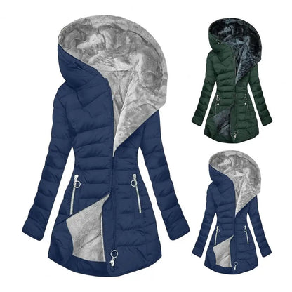 Pliušinis Žieminis Paltas Moterims su Gobtuvu - Šiltas Vėjui Atsparus Striukė Didelių Dydžių