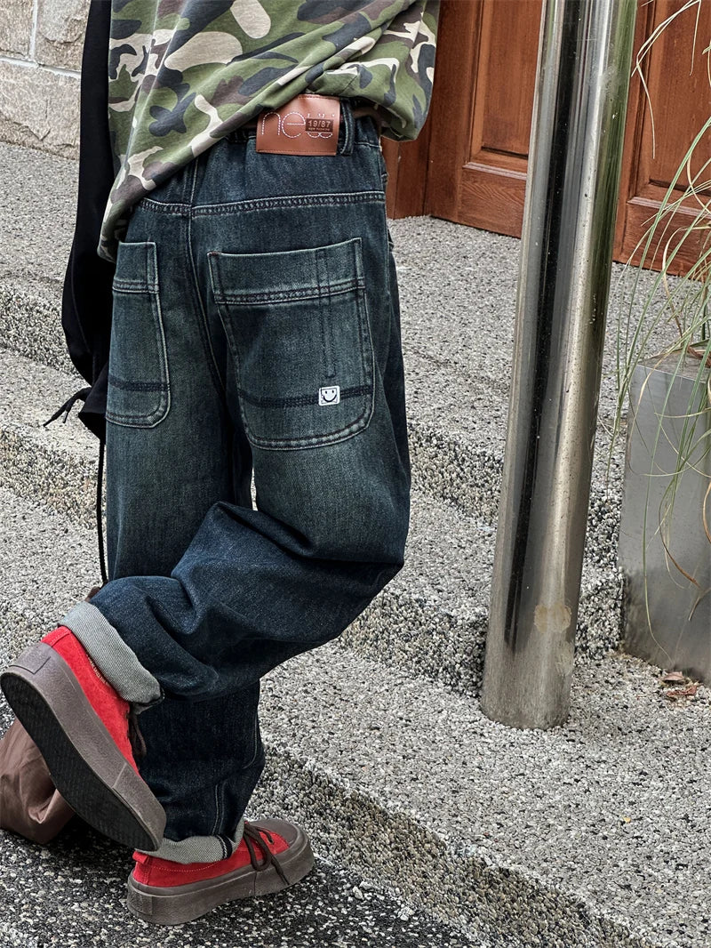 Vaikų Baggy Džinsai Paaugliams - Distressed Retro Stiliaus Denim Kelnės