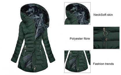 Pliušinis Žieminis Paltas Moterims su Gobtuvu - Šiltas Vėjui Atsparus Striukė Didelių Dydžių