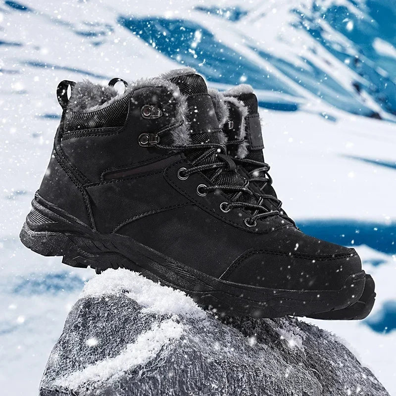 Winter Mens Boots Leather Mens Snow Boots Plush Warm Work Boots Outdoor Hiking Climbing Shoes Waterproof Non-slip Ankle Boots