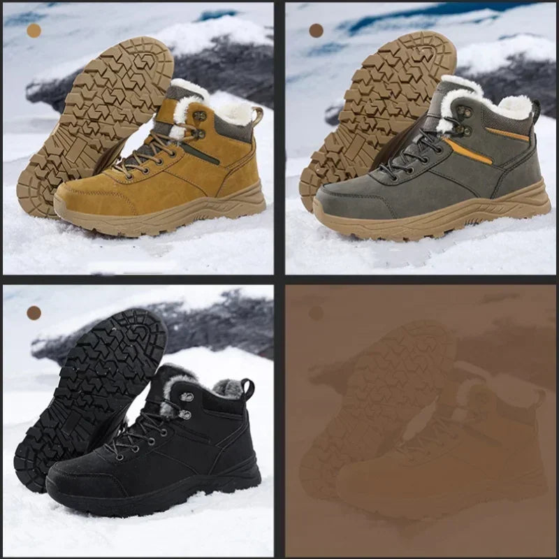Winter Mens Boots Leather Mens Snow Boots Plush Warm Work Boots Outdoor Hiking Climbing Shoes Waterproof Non-slip Ankle Boots
