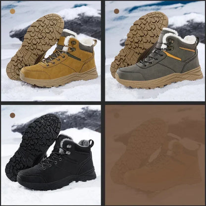 Winter Mens Boots Leather Mens Snow Boots Plush Warm Work Boots Outdoor Hiking Climbing Shoes Waterproof Non-slip Ankle Boots