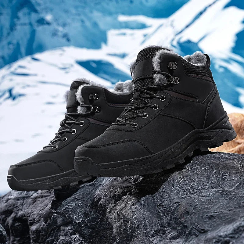 Winter Mens Boots Leather Mens Snow Boots Plush Warm Work Boots Outdoor Hiking Climbing Shoes Waterproof Non-slip Ankle Boots
