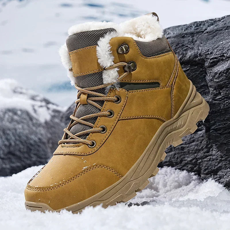 Winter Mens Boots Leather Mens Snow Boots Plush Warm Work Boots Outdoor Hiking Climbing Shoes Waterproof Non-slip Ankle Boots