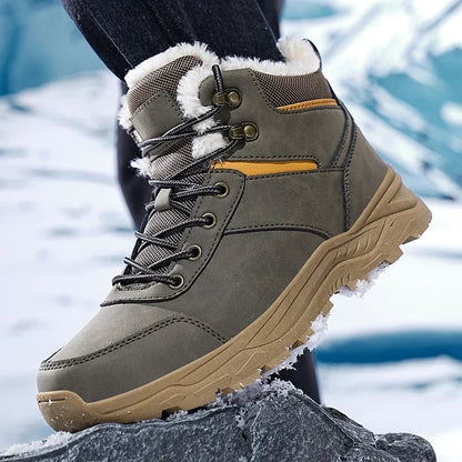 Winter Mens Boots Leather Mens Snow Boots Plush Warm Work Boots Outdoor Hiking Climbing Shoes Waterproof Non-slip Ankle Boots
