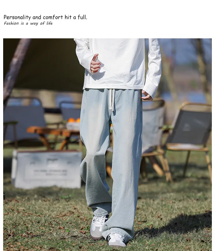 Vyriški Klasikiniai Džinsai - Laisvi Platūs Ilgi su Elastingu Liemeniu