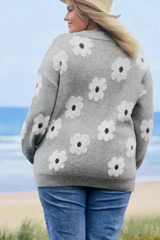 CozyBloom Moterų Didesnių Dydžių Gėlėtas Megztinis su Pusiau Užtrauktuku